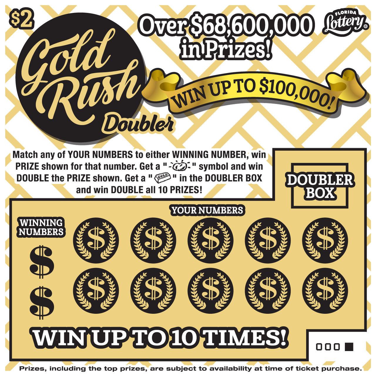 $2 GOLD RUSH DOUBLER: boleto de raspadito